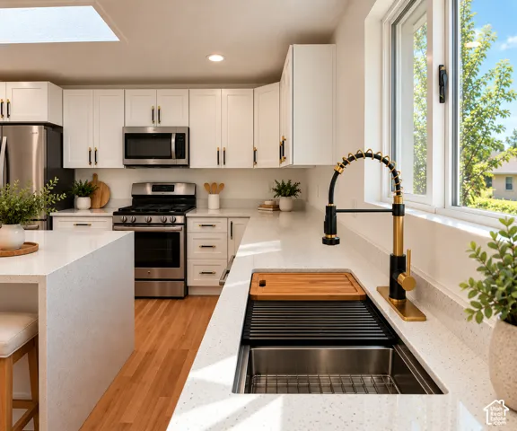 Kitchen featuring white shaker-style cabinetry, a quartz waterfall island, stainless steel appliances, a high-arc pull-down faucet, and wood-finish flooring