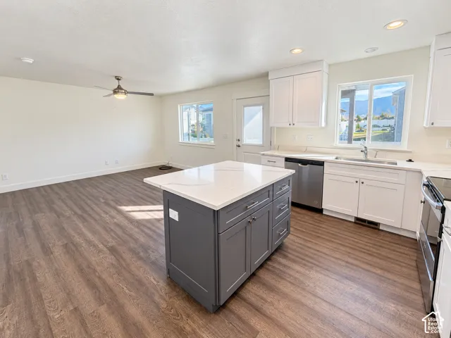 Kitchen featuring white upper cabinets, a contrasting center island with a stone-surface countertop, wood-finish flooring, recessed lighting, and stainless steel appliances