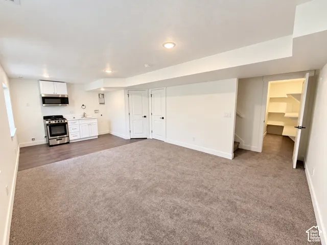 Kitchenette featuring white cabinetry, a stainless steel range, and a built-in microwave, complemented by neutral carpeting, wood-finish flooring, and a walk-in storage area with integrated shelving