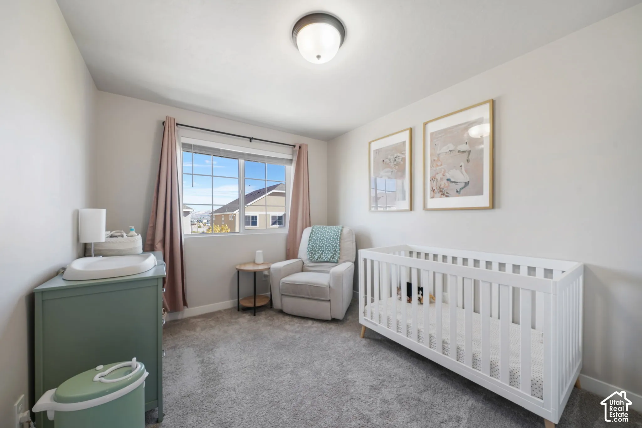 Neutral-toned bedroom featuring plush wall-to-wall carpeting, a large grid-pattern window, and a ceiling-mounted flush-mount light fixture