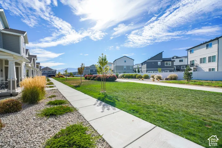 Open common area featuring a manicured lawn, concrete walking paths, low-maintenance gravel landscaping, and mature ornamental grasses