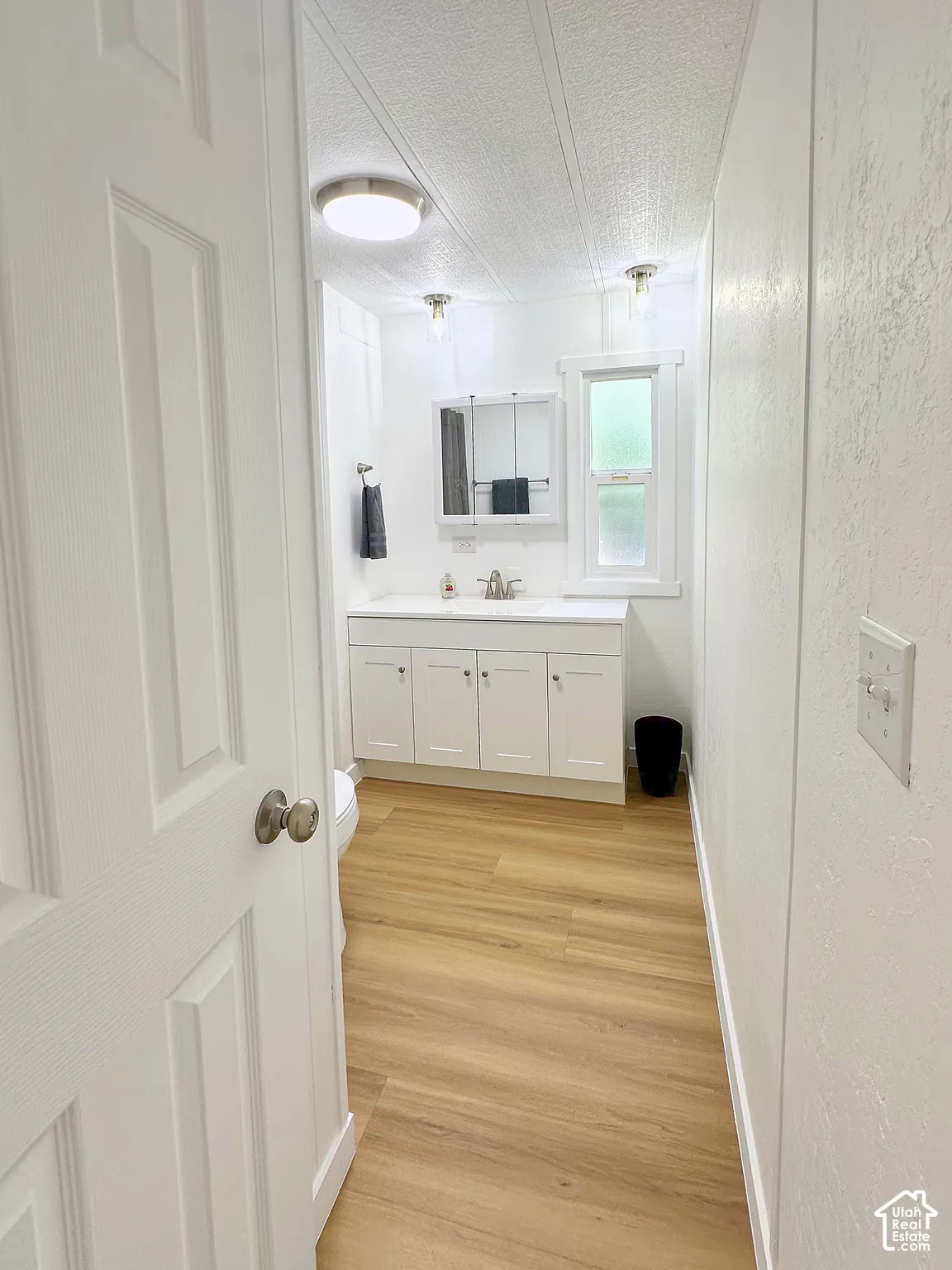 Bathroom featuring wood-finish flooring, white cabinetry with integrated countertop, recessed ceiling lighting, and a medicine cabinet with mirror