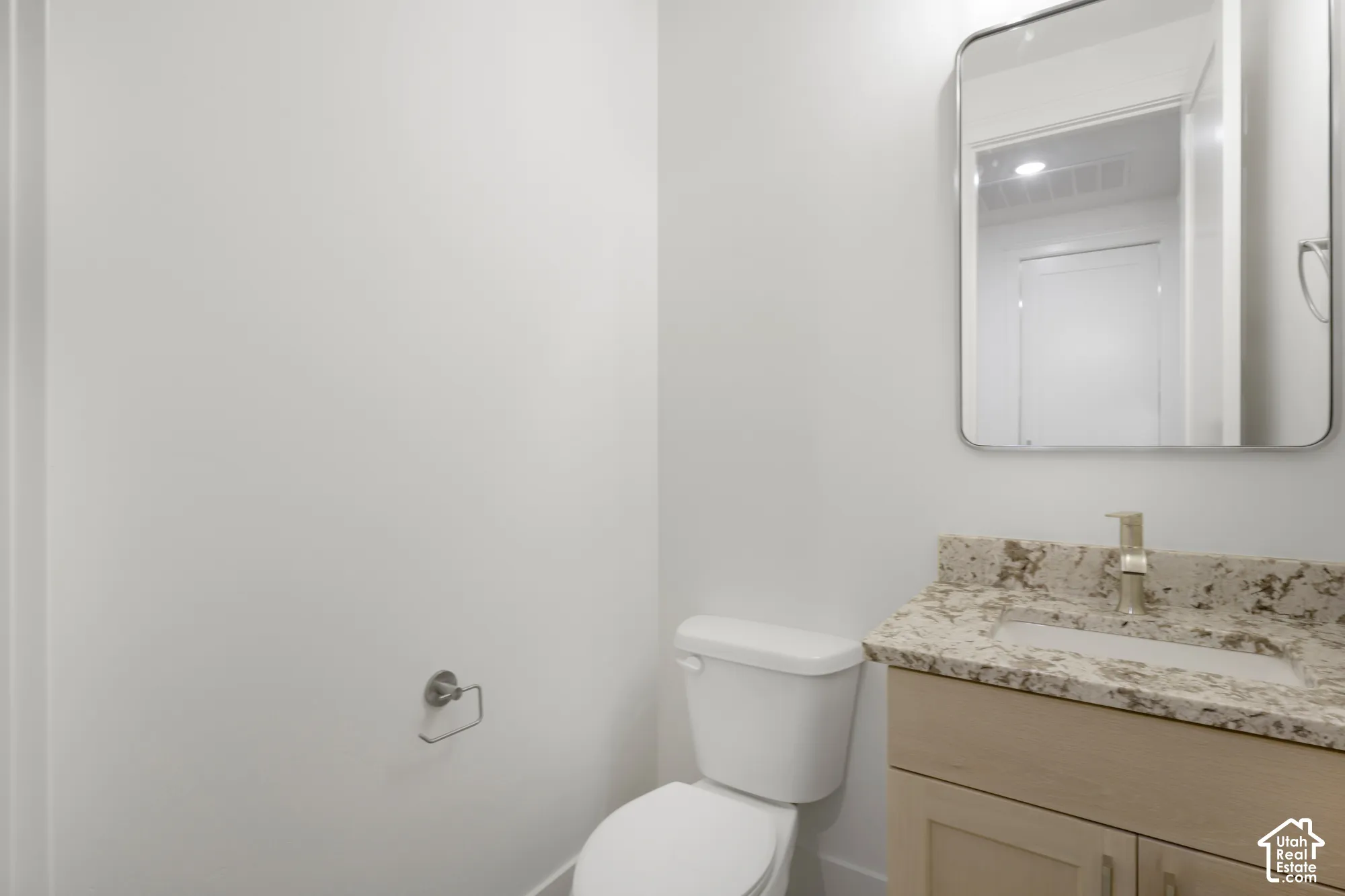 Bathroom featuring a light-toned wood vanity, stone countertop with an integrated basin, brushed metallic faucet, and a rectangular wall-mounted mirror
