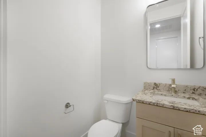 Bathroom featuring a light-toned wood vanity, stone countertop with an integrated basin, brushed metallic faucet, and a rectangular wall-mounted mirror