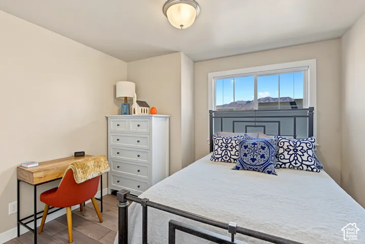Room featuring wood-finish flooring, a neutral color palette, a flush-mount light fixture, and a window framing a mountain backdrop