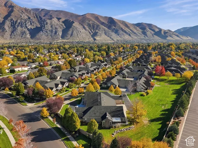 Aerial perspective featuring expansive mountain backdrop, residential landscape, mature trees, and street-level infrastructure