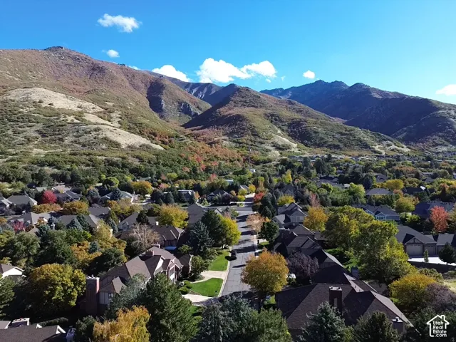 Aerial perspective of a suburban neighborhood featuring mature trees, residential structures with pitched rooflines, and an expansive mountain range backdrop