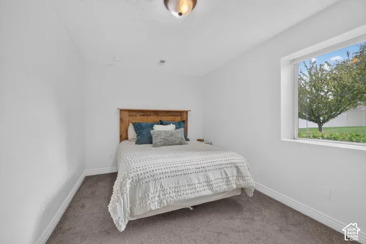 Neutral wall finish, carpeted flooring, and a large window with exterior landscape exposure, featuring a flush-mount ceiling light fixture