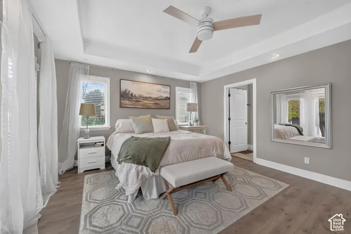 Tray ceiling featuring a contemporary light-finish ceiling fan, recessed lighting, wood-finish flooring, and multi-pane windows