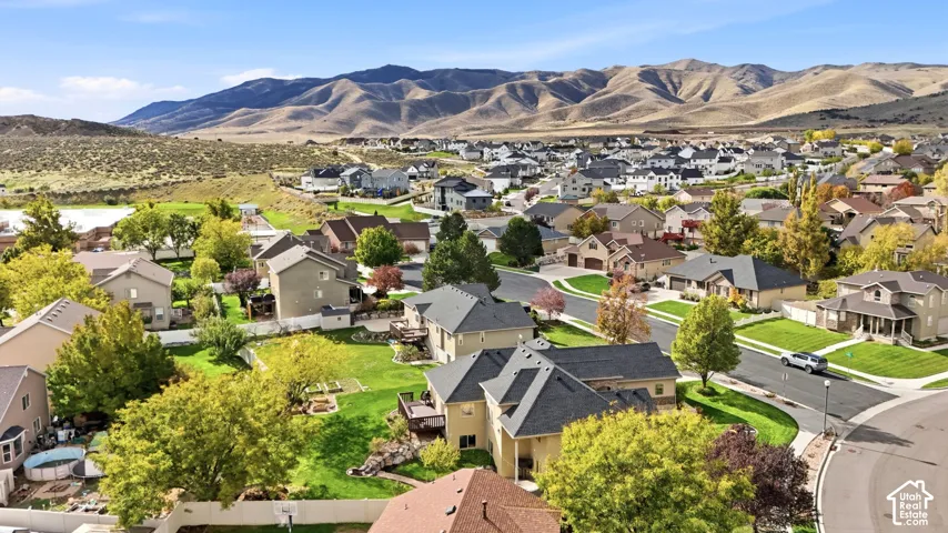 Aerial perspective of a residential neighborhood featuring asphalt paved streets, manicured lawns, mature trees, and a mountain range backdrop