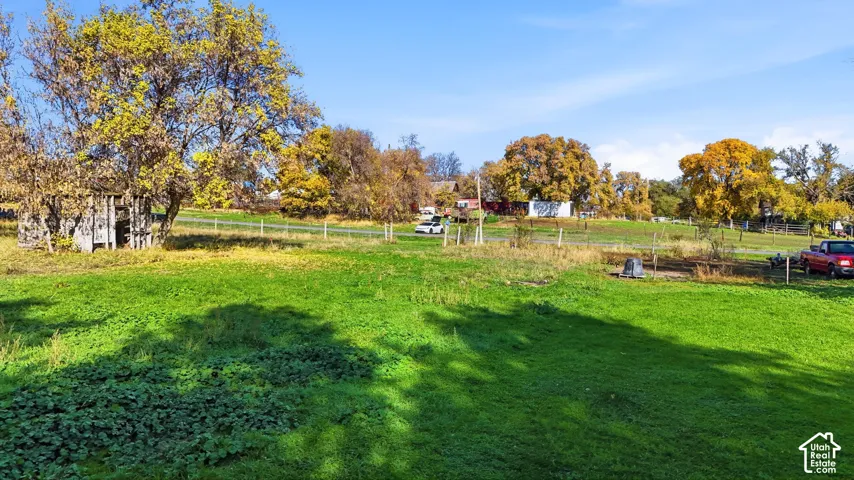 Expansive parcel featuring open green space, mature deciduous trees, and wire perimeter fencing
