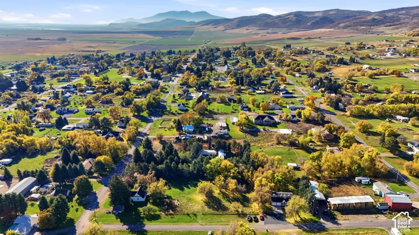 Aerial perspective of the property featuring expansive open grounds, mature tree coverage, mountain backdrop, and proximity to rural topography