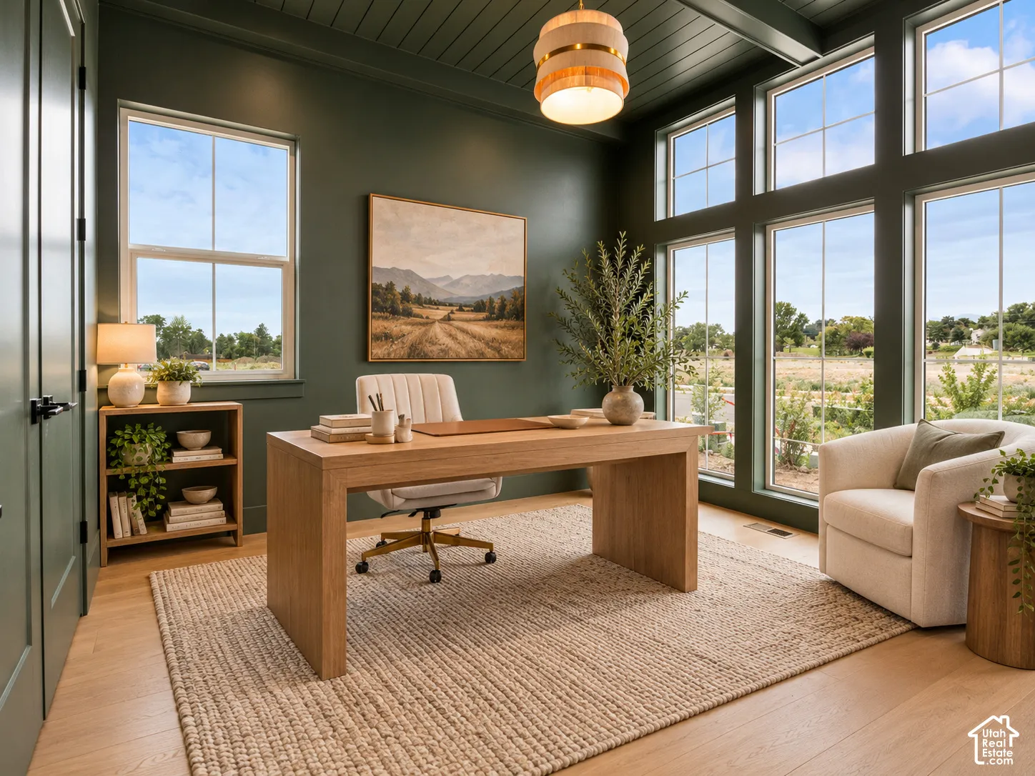 Office space featuring floor-to-ceiling windows, wood-finish flooring, custom wall color, planked ceiling detail, and pendant lighting
