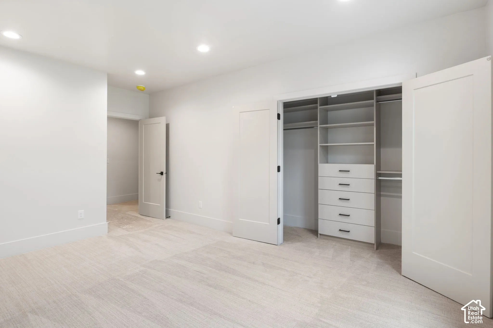 Room featuring neutral carpeting, recessed lighting, and a walk-in closet with built-in shelving and integrated drawer storage