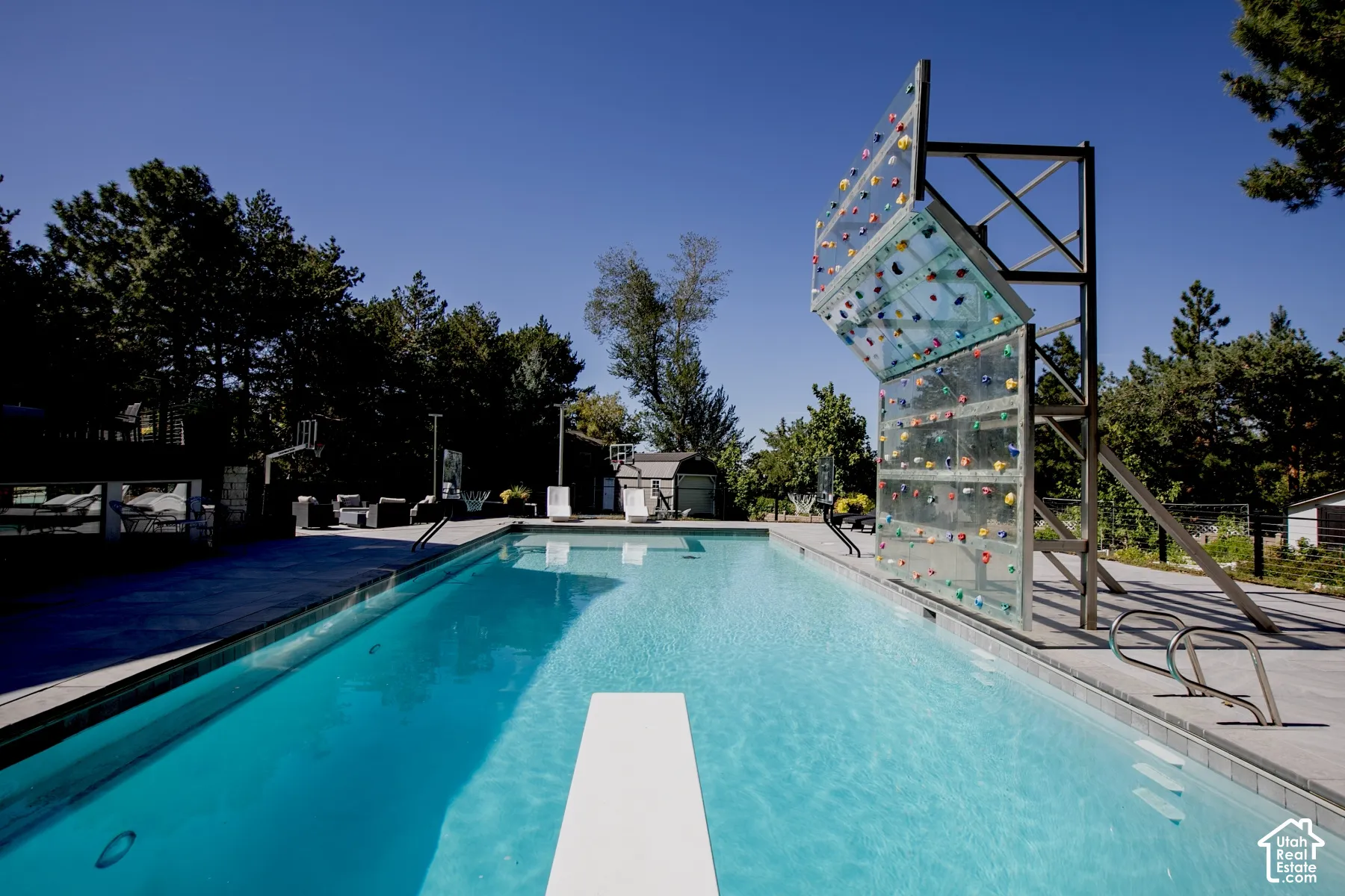 Rectangular swimming pool featuring a diving board, integrated rock climbing wall, concrete decking, and metal handrails