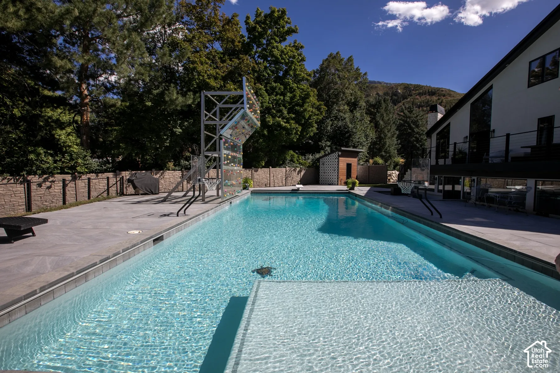 In-ground swimming pool featuring a tanning ledge and stone-tile patio surfacing, complemented by a built-in climbing wall, fenced perimeter, and mature landscaping