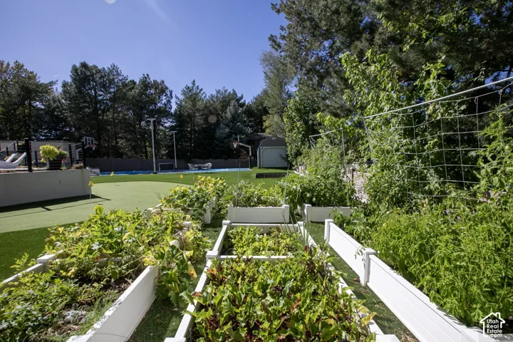 Backyard featuring multiple raised garden beds, synthetic turf putting green, detached storage shed, and perimeter fencing