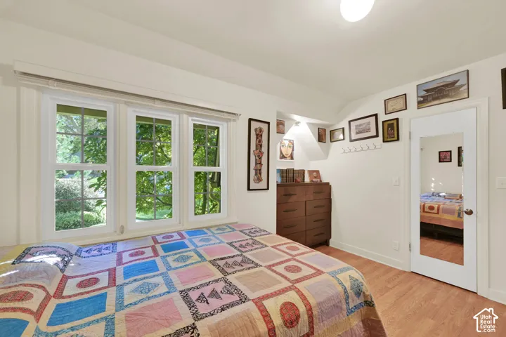 Triple-pane window configuration, wood-finish flooring, recessed architectural nook, and a door featuring an integrated full-length mirror
