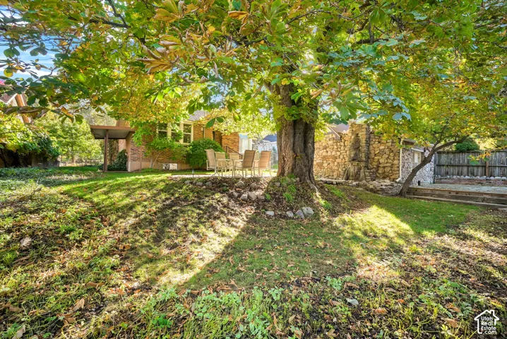 Outdoor space featuring a mature shade tree, stone exterior cladding, covered patio, and level lawn area