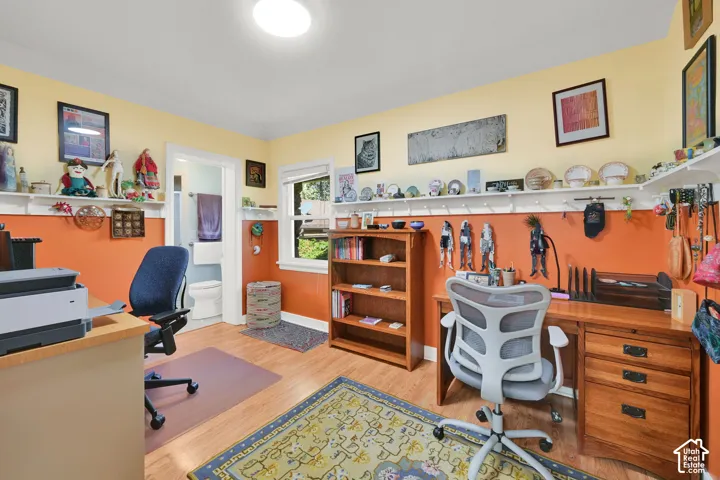 Room featuring wood-finish flooring, a wall-mounted peg rail with a continuous display shelf, and a double-hung window