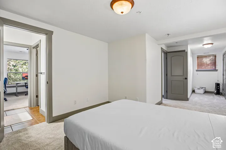 Neutral-toned carpeted flooring, two-panel interior doors with matte black hardware, and overhead flush-mount lighting fixtures