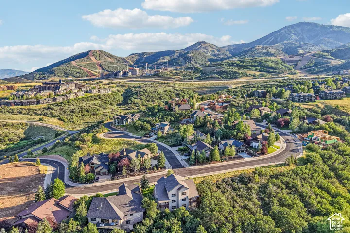 Aerial perspective of a hillside residential community featuring paved roadways, dense mature vegetation, and extensive mountain terrain