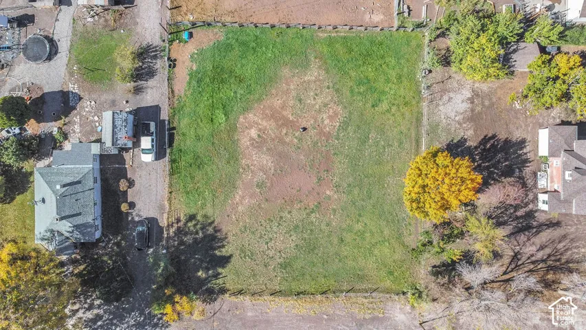 Aerial view of expansive rectangular parcel featuring open terrain and mature trees
