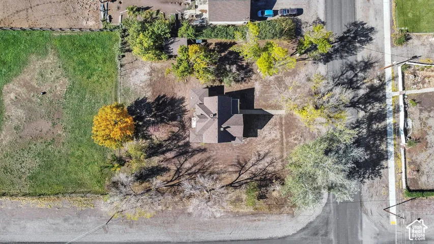 Aerial perspective of a detached residence featuring a pitched roof, expansive lot, established trees, and perimeter fencing