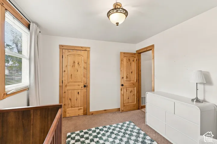 Room featuring natural wood-finish interior doors and matching window casing, carpeted flooring, and a decorative semi-flush mount ceiling light fixture