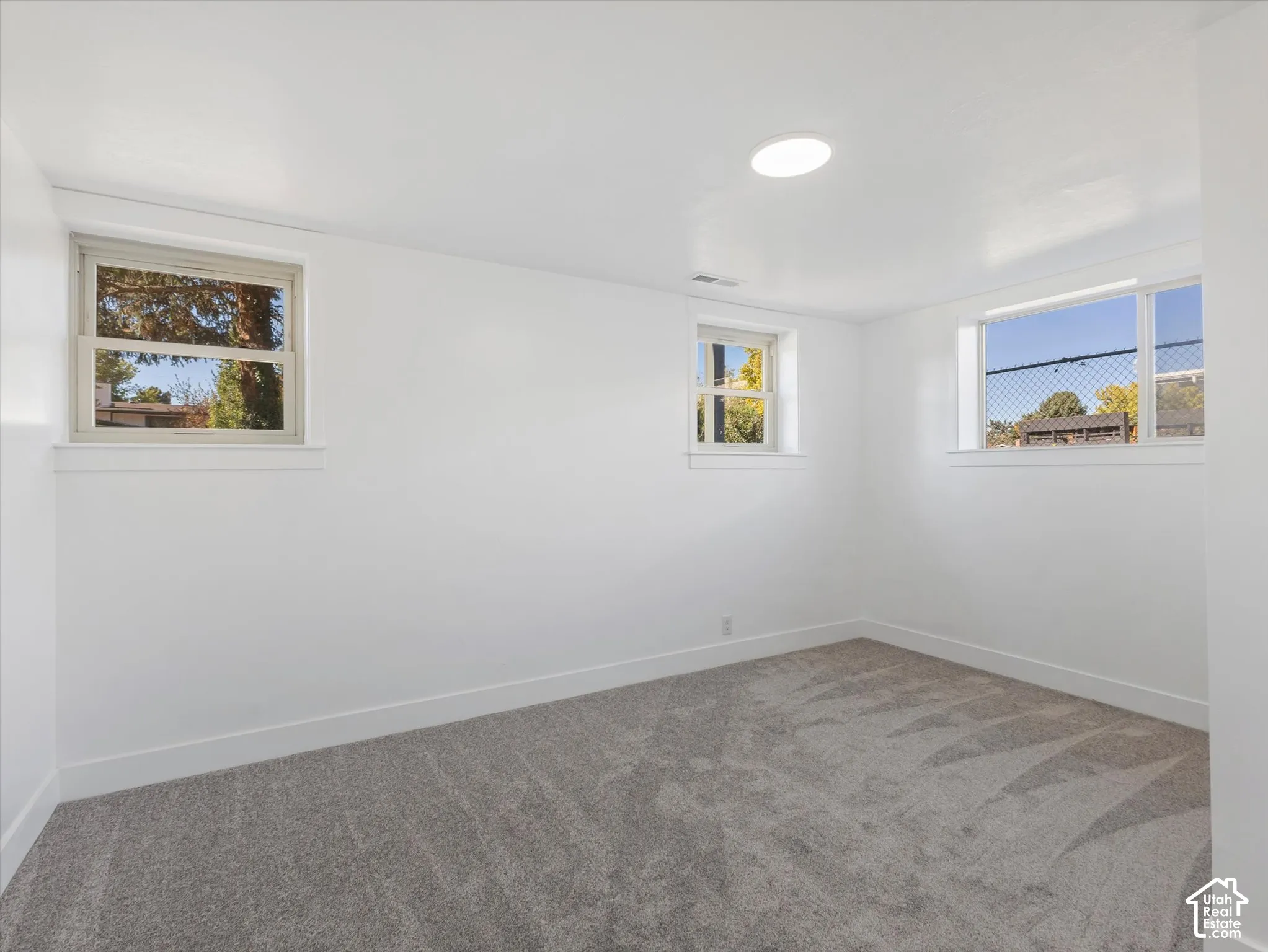 Second bedroom in basement, featuring neutral wall-to-wall carpeting, crisp white walls, and three windows with white frames