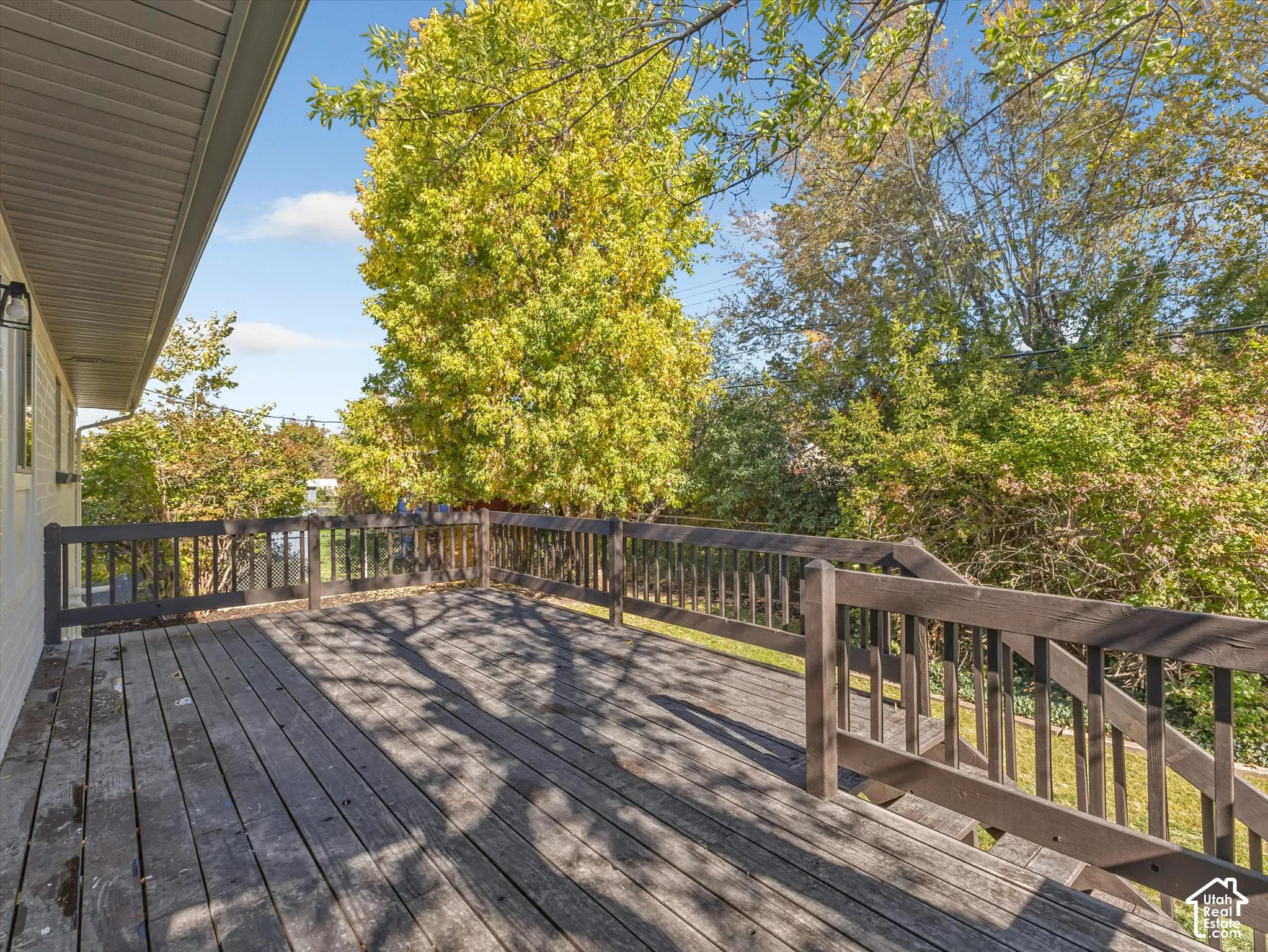 Raised wooden deck featuring dark-stained railings and a staircase leading to the rear grounds, framed by mature trees and foliage