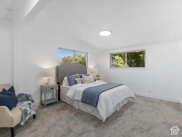 Master Bedroom on the main level with a walk-in closet and Amazing bathroom. Neutral interior space featuring wall-to-wall carpeting, dual windows, and a circular ceiling-mounted light fixture