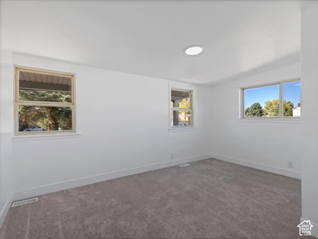 Second Bedroom on the main level. Neutral-toned interior space featuring wall-to-wall carpeting, three windows with exterior views, and a flush-mount ceiling light
