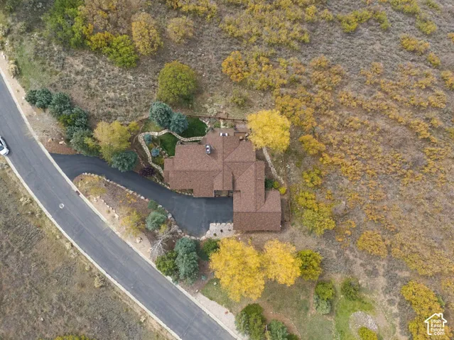 Aerial perspective of a multi-gabled residence featuring a paved asphalt driveway, stone pathway, and extensive mature landscaping