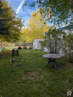 Expansive grounds featuring mature trees and a detached storage structure