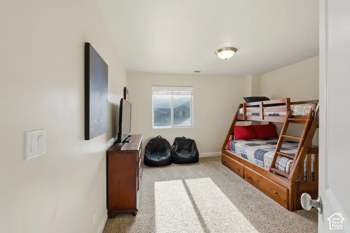 Neutral wall color, carpeted flooring, flush-mount ceiling lighting, and a single-pane sliding window