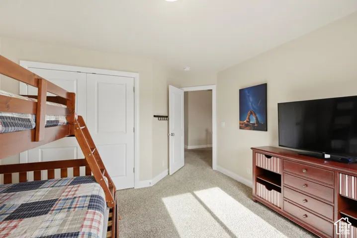 Neutral-toned room featuring neutral wall-to-wall carpeting, white paneled doors, and a wall-mounted coat rack