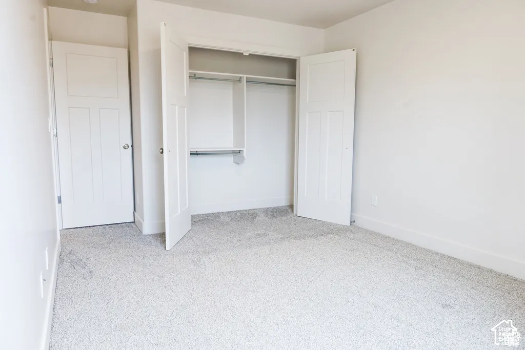 Neutral carpeted flooring, two-panel shaker-style interior doors, and a built-in reach-in closet featuring integrated shelving and hanging rods