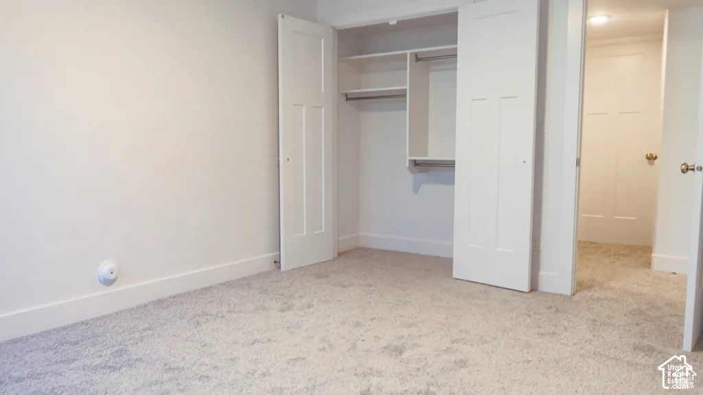 Interior space featuring neutral carpeting, a closet with built-in shelving and hanging rods, and paneled doors