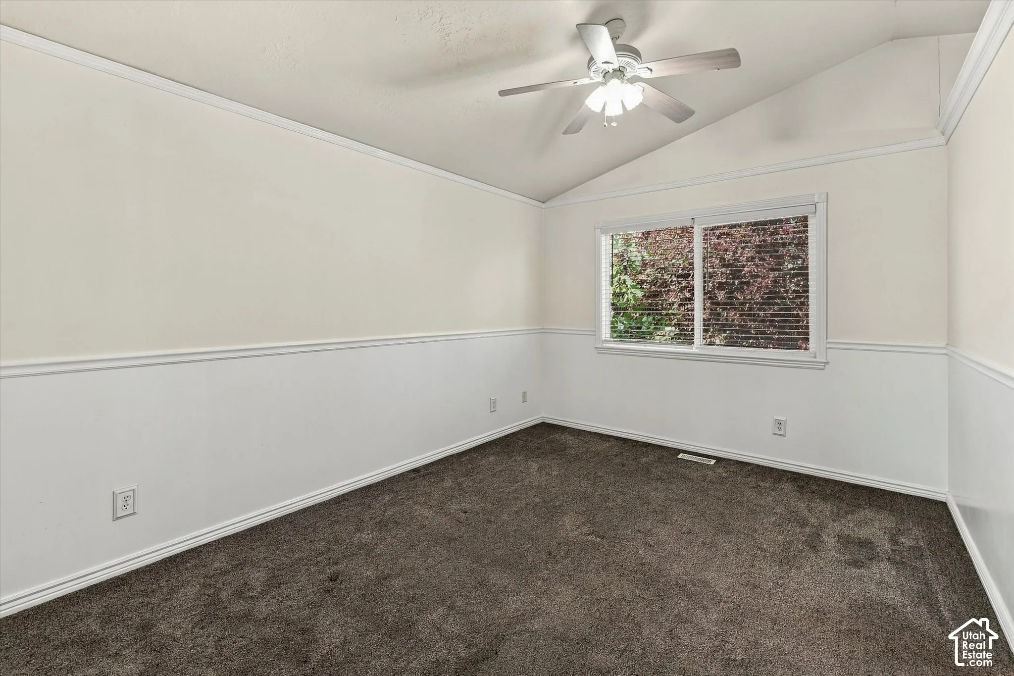 Vaulted ceiling with integrated lighted ceiling fan, neutral wall carpeting, and decorative chair rail molding