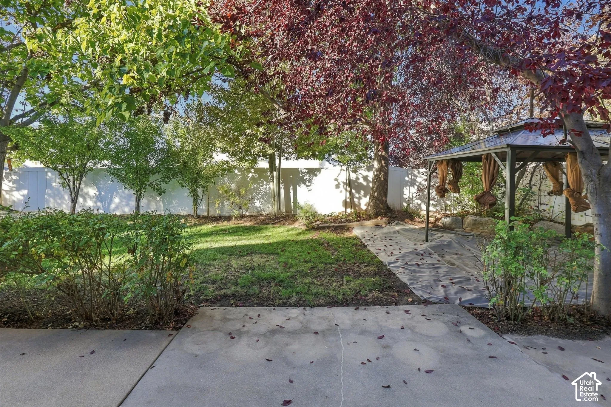 Backyard featuring a concrete patio, lawn area, metal-framed gazebo, and mature trees enclosed by a solid perimeter fence