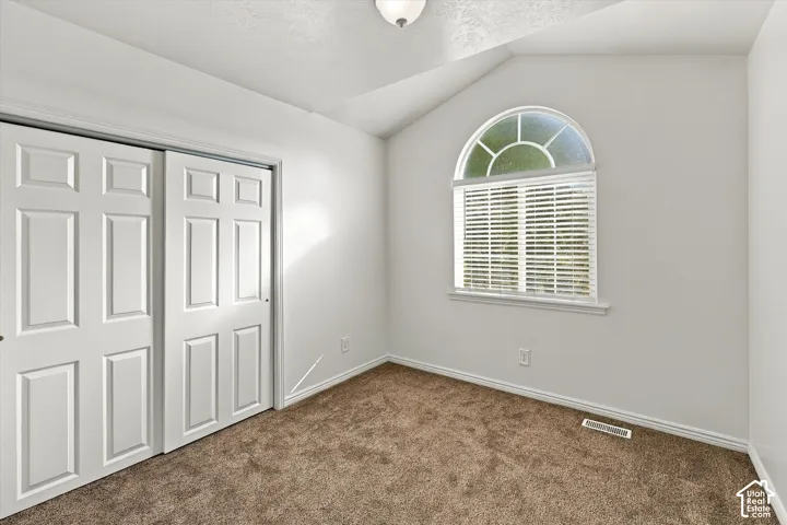 Vaulted ceiling, arched window with multi-pane transom, and double-door closet with paneled detailing