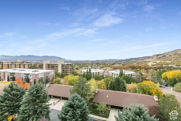 Elevated perspective featuring mountain backdrops, mature trees, and residential architecture