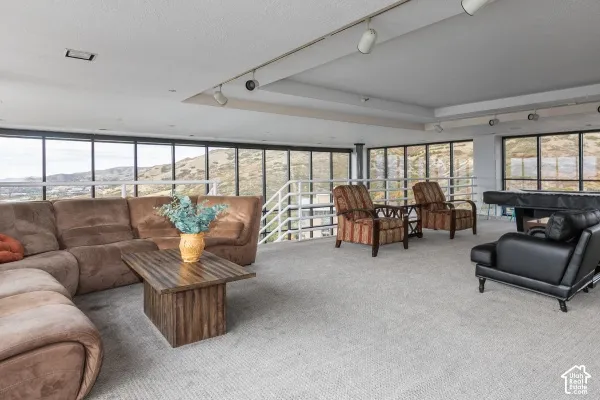 Floor-to-ceiling windows, recessed tray ceiling, multi-directional track lighting, and a white metal safety railing