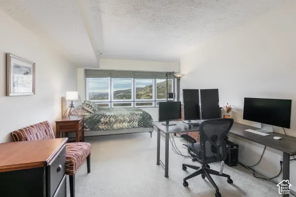 Expansive multi-pane windows providing natural light and mountainous exterior scenery, wall-to-wall carpeting, and neutral paint finishes