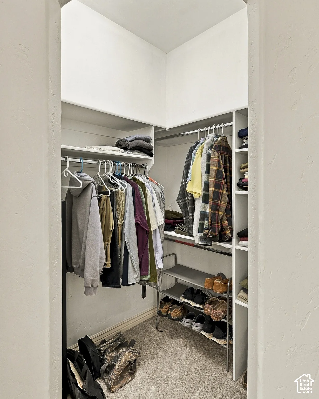 Walk-in closet featuring white built-in shelving, integrated hanging rods, and carpeted flooring