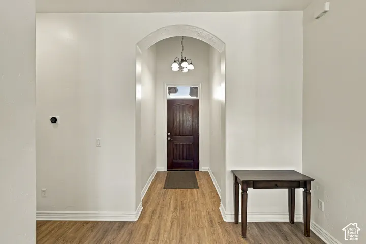 Entryway featuring an arched ceiling detail, wood-finish flooring, a dark-stained wood entry door with transom window, and a multi-light pendant fixture