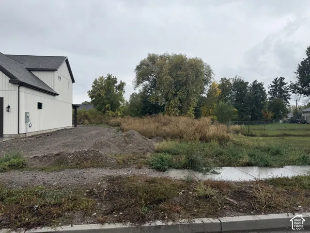 Expansive lot featuring mature trees, a concrete sidewalk, and proximity to an existing structure with vertical siding