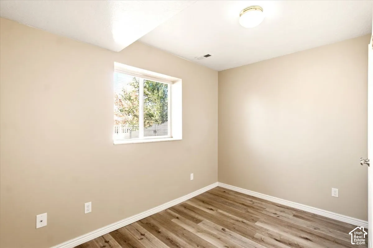 Neutral-toned interior space featuring wood-finish flooring, a single-pane window, and a ceiling-mounted light fixture