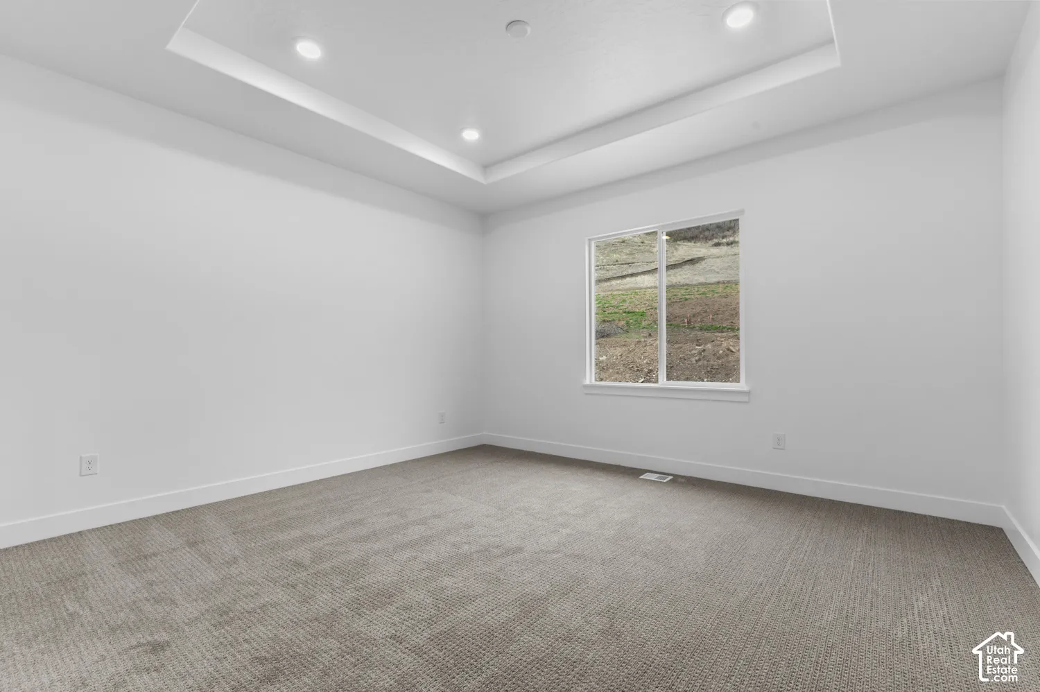 Tray ceiling featuring recessed lighting, neutral carpeting, and a large dual-pane window